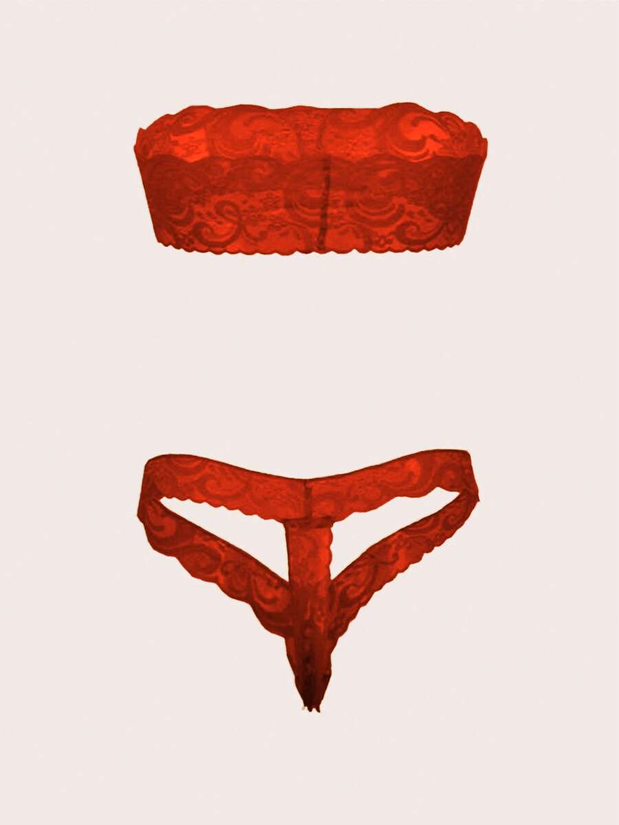 2pcs/Set Women's Solid Color Sexy Lace Ultra-Short Panties, Lightweight Breathable Fabric - Red - View 1