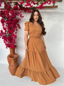 Long Loose Party Dress With Short Sleeves And V-Neckline - Camel - View 1