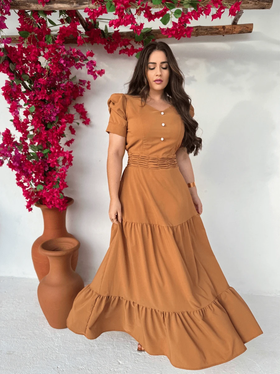 Long Loose Party Dress With Short Sleeves And V-Neckline - Camel - View 1