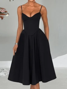 WOWDARK Summer Dress, Black Elegant Minimalist Belted Spaghetti Strap A-Line Dress For Women, Fashionable For Valentine's Day, Dates, Parties, Gatherings - Black - View 5