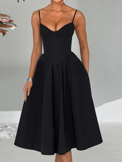 WOWDARK Women's Autumn Solid Color Minimalist Belted A-Line Slip Dress