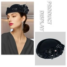 1Pc Felt Turban Hat Pillbox Hats For Women Derby Hat Fascinator Hats With Flower Embellished Elegant Ladies Tea Party Hats Vintage Beret Hat Decorated With Rhinestone Fashion Fedoras Cap For Cosplay Costume Accessories For Wedding Party Women Ladies Gift Sleep Bonnet - A - View 7