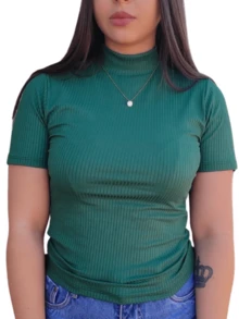 Women's Ribbed Turtleneck Short Sleeve Blouse - Army Green - View 2