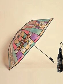 1pc Vintage Window Glass Transparent Foldable Umbrella, Waterproof & Decorative Rain Umbrella