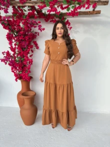 Long Loose Party Dress With Short Sleeves And V-Neckline - Camel - View 3