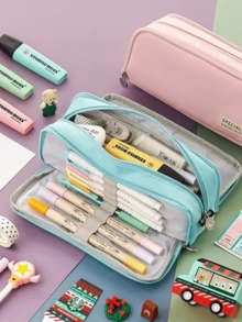 Large Capacity Fabric Pencil Case Layer/Double Sided Pen Bag Pencil Case/School/Office/College - 淺藍色 - 查看 2