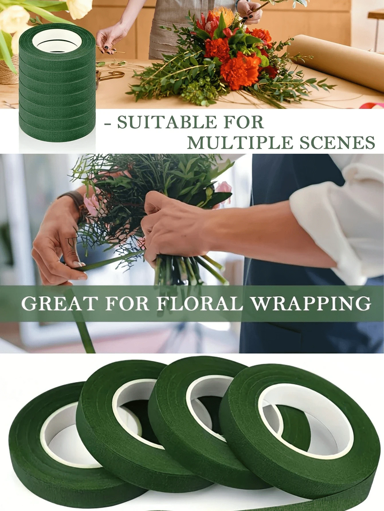 1/4 件花艺胶带，深绿色自粘纸花胶带，用于花束茎缠绕，DIY 工艺品，不防水插花胶带 - 綠色 - 查看 1