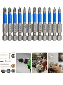 6件套磁性螺丝刀头 - 防滑 PH1 PZ1 PH2 PZ2 PH3 PZ3，50mm长，带齿 - 1/4英寸六角柄单头，适用于电动螺丝刀钻