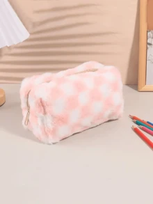 1 件帆布多层大容量少女铅笔盒，简约时尚大容量铅笔袋，带窗口学生文具收纳盒，黑白格子