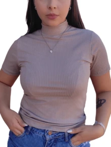 Women's Ribbed Turtleneck Short Sleeve Blouse - 裸體 - 查看 2