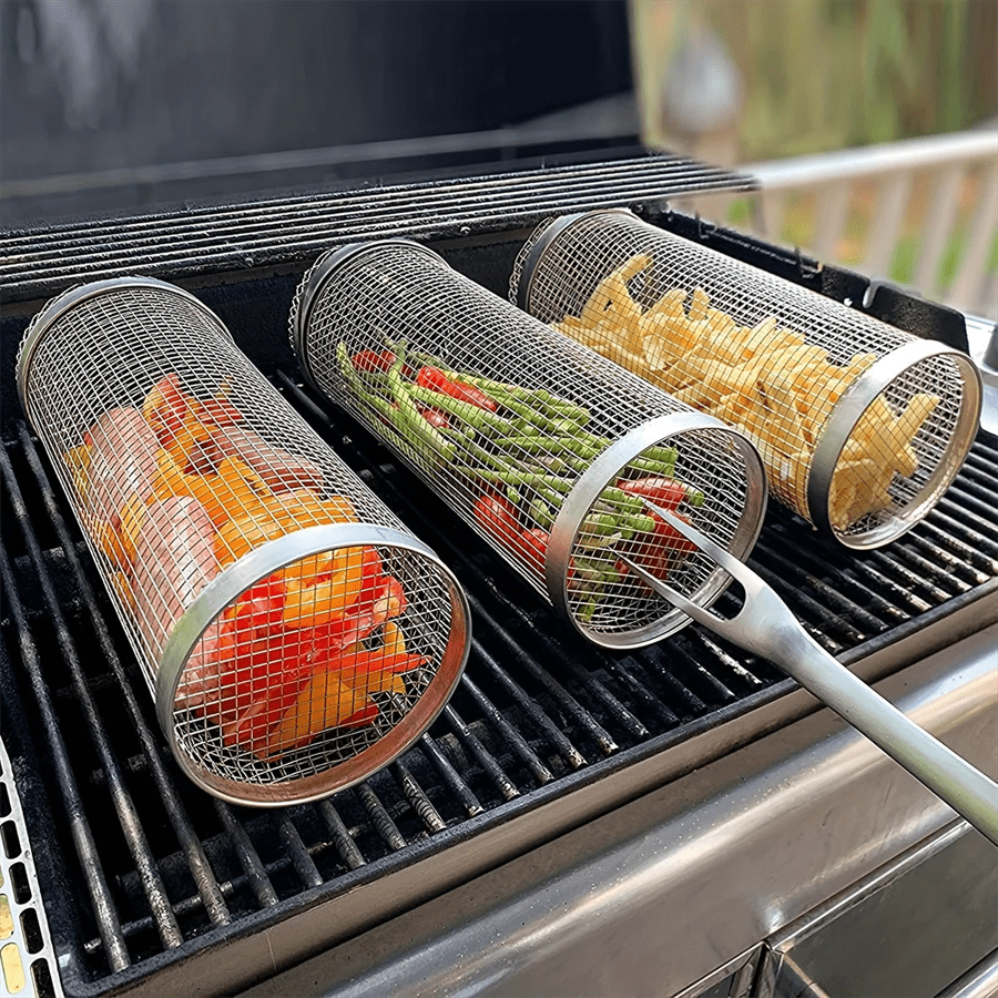 3-delige draagbare barbecuemand van roestvrij staal - voor kamperen en picknicken in de buitenlucht, rond gaasontwerp voor gelijkmatige warmteverdeling, geschikt voor het grillen van vlees en groenten, barbecue-accessoire voor buiten