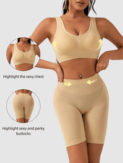 2 pezzi/set di shapewear per donne - top comodo in maglia + shorts snellenti in vita alta elasticizzati