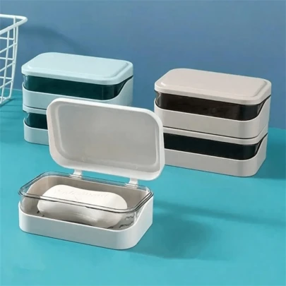 1 paquete de plato de jabón rectangular de plástico, recipiente de jabón con tapa, plato de jabón portátil, soporte de jabón con tapa, plato de jabón con drenaje para baño, accesorios de baño, decoración del hogar, decoración de otoño, de vuelta a la escuela