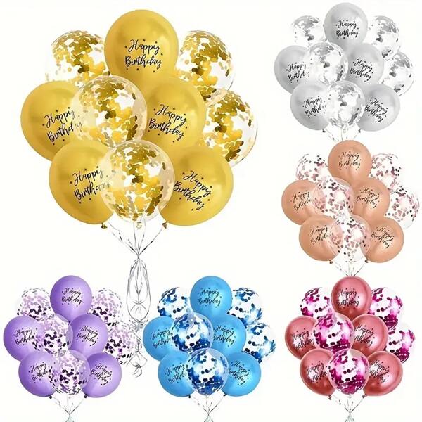 Paquete de 10 unidades Globos de 12 Pulgadas/30 cm con confeti, impresos con "Feliz Cumpleaños", globos metálicos adecuados para decoración de fiestas, duchas y celebraciones, decoración de fiesta de cumpleaños, hechos de globos de látex, decoración de fiestas | Punto focal del evento | Globos fáciles de manejar