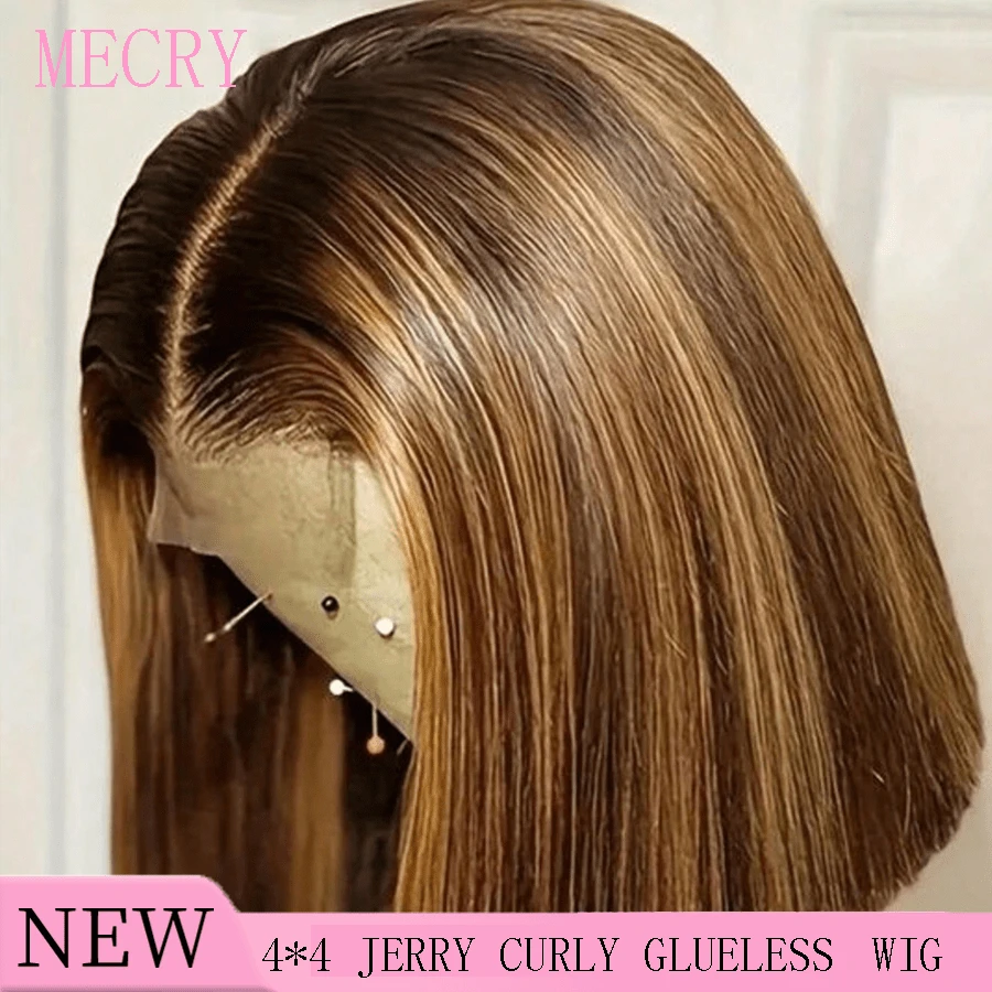 MECRY 假发 挑染人发 预拔 预剪 直发 10-14 英寸 直发假发 人发 180 密度 即戴即用 无胶假发 人发 4*4 无胶 预剪 漂白 结 直发假发 初学者假发 前额无胶 混合发 假发工具 - S4/27 - 查看 1