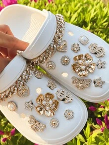 22 件/套金色山茶花链和装饰夹，DIY 可拆卸镂空凉鞋、拖鞋装饰，适合所有季节的礼物