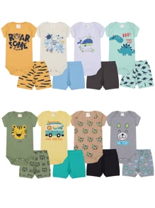 Kit 10 Peças de Roupas Infantil Bebê Menino Masculino 5 Body + 5 Tapa Fralda/Shorts