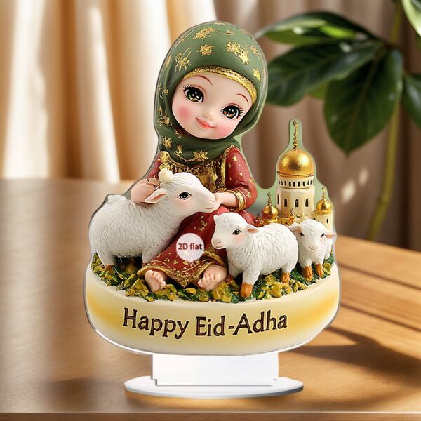 Eid Al-Adha Party Tabletop Decorations - 2D Flat Acrylic Islamic Art Multipurpose Home Decor - Bohemian Style Charming Girl And Lamb Ramadan Decorations - Crescent Moon And Floral Pattern With Base Design, Eid Mubarak Tabletop Decorations - Perfect Holiday Gift - Suitable For Living Room, Bedroom And Office Tabletop Decoration