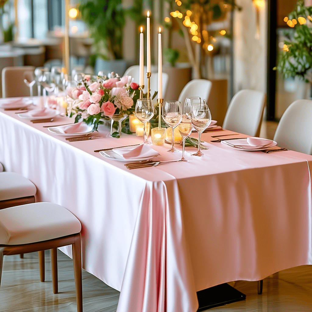 1pc Elegant Pink Satin Tablecloth, Romantic Polyester Rectangle Tablecloth Suitable For Valentine's Day, Wedding, Holiday, Birthday Party, Banquet, Great For Creating A Festive And Sophisticated Atmosphere, Wedding Decoration