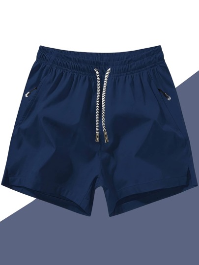 Men's Anti-Loss Zipper Pocket Drawstring Waist Sports Shorts