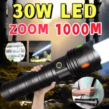 明亮30W LED聚光超远射荧光色战术手电筒USB充电大功率伸缩变焦超大手电筒铝合金超大容量露营灯适用于户外徒步工作照明 - 黑色 - 查看 2