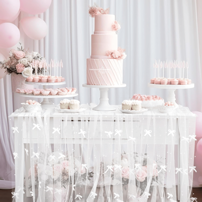 White Bow Faux Pearl Table Runner 32"*78.7"/32"*118.11" White Faux Pearl Tulle Tablecloth Satin Bow Chiffon Tulle Faux Pearl Lace Sheer Table Cloth For Wedding Arch Bridal Shower Dessert Table Decorations