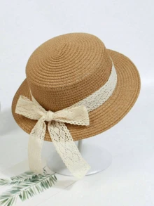 Baby Girl Sun Hat, Children Princess Lace Bow Beach Hat, Foldable UV Ion Sun Hat For Beach - Khaki - View 1