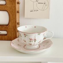 Conjunto de Xícara e Pires de Café Cerâmica Rosa Coelho 250ml, Conjunto de Chá da Tarde Vintage Estilo Coreano Fofo e Feminino