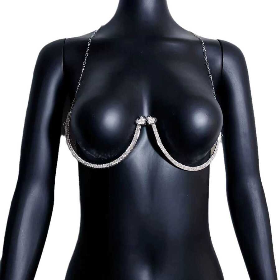 1pc Fashionable Rhinestone Heart Pendant Bodychain, Suitable For Daily Wear By Women - Style 4 Silver - View 1