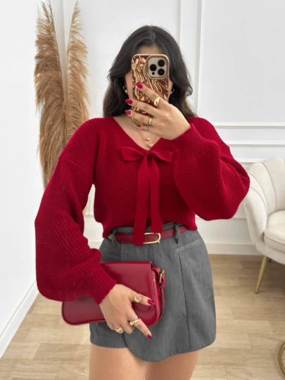 Cropped Feminino Tricot Manga Bufante Laço Blusa Inverno Frio