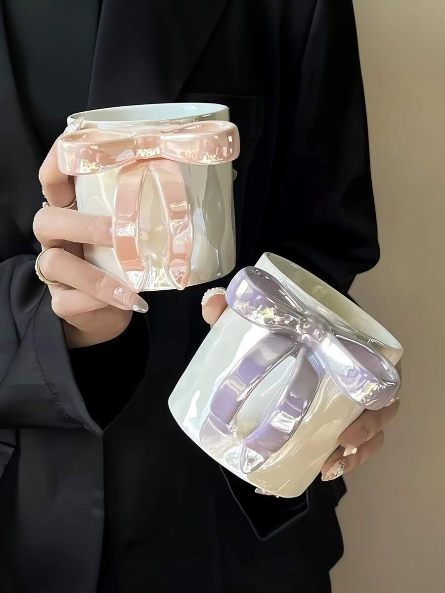 1个可爱3D蝴蝶结珍珠马克杯，高颜值设计感手工捏制马克杯，纯手工制作少女心形水杯、咖啡杯、情侣杯，送女友礼物，开学季礼物，圣诞礼物，生日礼物，情人节礼物