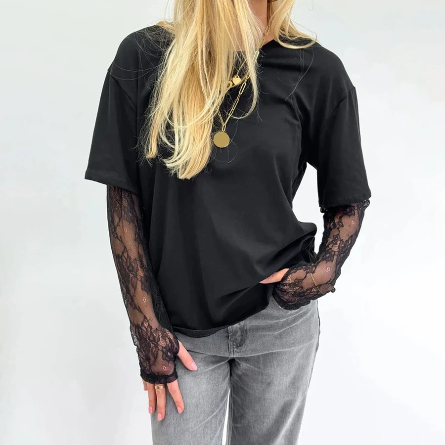 Women Sexy Lace Top Y2K Long Sleeve Sheer Mesh Crop Shirt Round Neck Loose Fit Patchwork T Shirt Spring Summer Going Out Top - màu đen - Xem 1