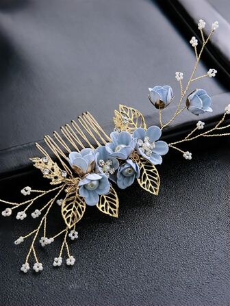 1 pieza Accesorio de pelo hecho a mano con perlas y flores en azul claro para mujeres