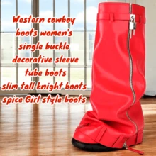 Western Cowboy Boots Women's Single Buckle Decorative Sleeve Tube Boots Slim Tall Knight Boots, Spice Girl Style Boots - Red - View 1