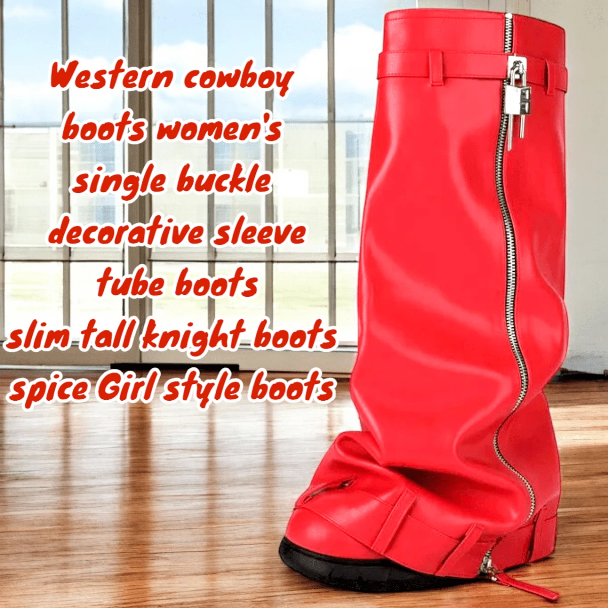 Western Cowboy Boots Women's Single Buckle Decorative Sleeve Tube Boots Slim Tall Knight Boots, Spice Girl Style Boots - Red - View 1