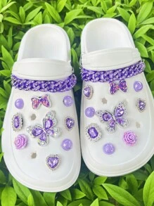 20 sztuk/zestaw fioletowych akcesoriów do dekoracji butów ogrodowych, w tym akrylowe cyrkonie, dekoracje motyli, łańcuszki, odpinane ozdoby odpowiednie do pustych butów sandałowych