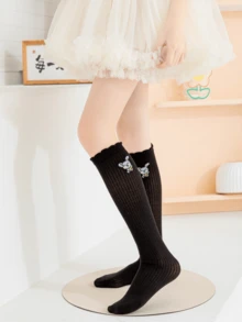 6 Pairs Girl Spring/Summer Breathable Mesh Soft & Comfortable Fashion Baby Long Socks With Cute Rabbit Design, Thin Cuffs Crew Socks - Multicolor - View 1