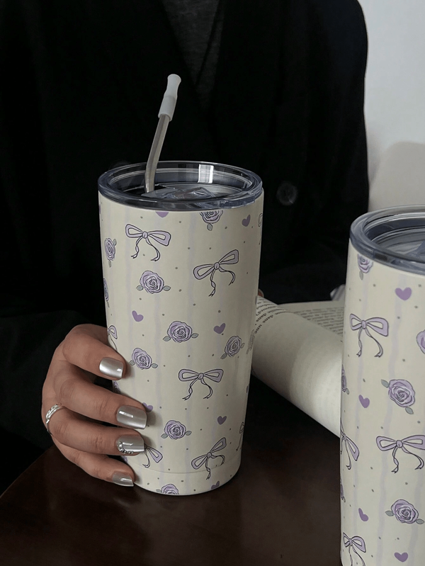 1 قطعة 20 أونصة (600 مل) كأس عازل مزدوج الجدران من الصلب المقاوم للصدأ بالوردي الأرجواني والفيونكة، كوب حراري، كوب قهوة، زجاجة ماء، كوب مشروبات محمول، هدية عيد ميلاد، كوب طالب، أنيق (لا يشمل قش)