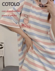 COTOLO Vestido de dormir de manga corta de algodón suave a rayas, con estampado de dibujos animados lindo, diseño con almohadillas para el pecho extraíbles, corte holgado y midi, transpirable y cómodo, para uso en casa o fuera, pijama de verano para mujeres - Conejito de rayas azules y rosas - Ver 2