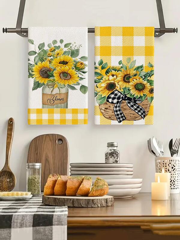 1pc Sunflower Pattern Kitchen Towel & Dishcloth, Cute Style, Absorbent & Quick Dry, Microfiber Material, Rectangular 40*60CM Digital Printing, Suitable For Summer Kitchen Decor At Home And Outdoor Party