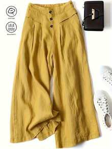 Pantalones de pierna ancha con cintura alta semielástica y corte slim para mujeres - Amarillo - Ver 3
