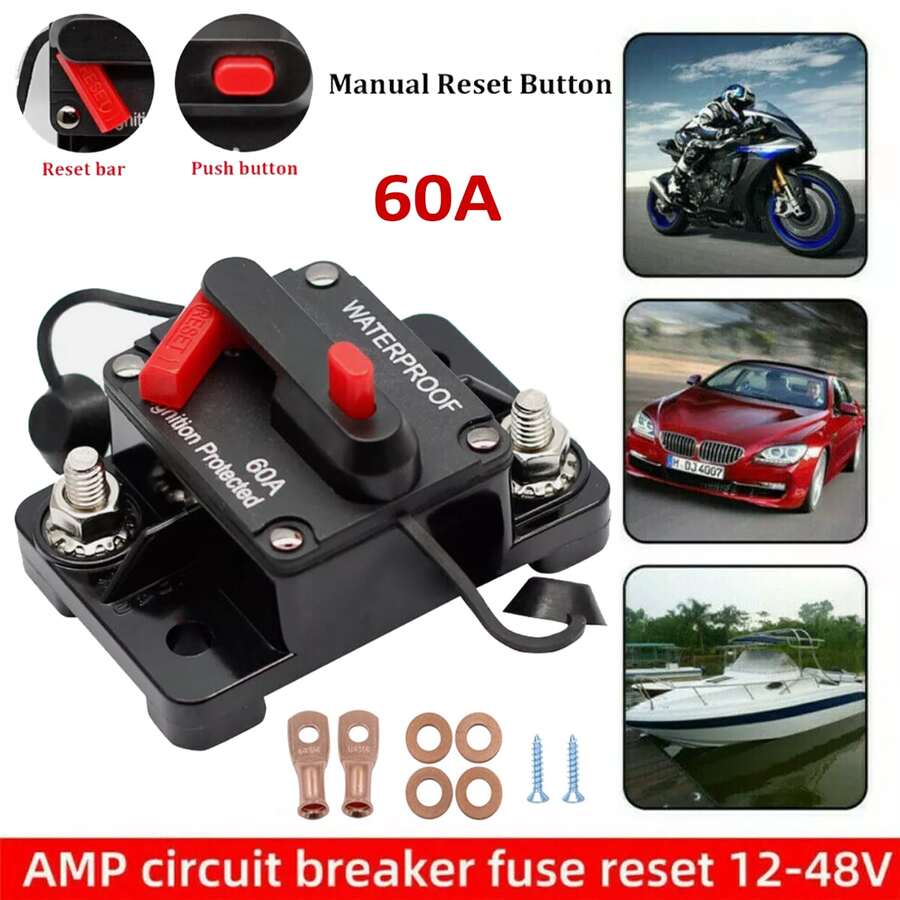 60/100/200Amp Circuit Breaker For Boat Trolling Motor Marine ATV Trailer Vehicles Stereo Audio Electronic Battery Solar System Inline Fuse With Manual Reset Switch Waterproof DC 12V-48V - 60A - View 1