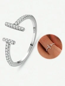 1pc S925 Silver Adjustable Open Ring, Women's Fashion Rhinestone Jewelry, Exquisite Gift For Girls, Friends, Family - Long and Short Open Ring - View 1
