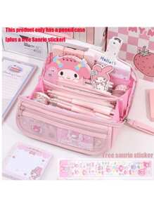 Sanrio 1 pièce Étui crayon transparent Sanrio avec Cinnamoroll, Melodys, Kuromis, Hello chat. Étui à crayon roulé en tissu, rangement mignon de fournitures scolaires pour anime, avec autocollants. Fournitures scolaires, trousse, sac d'école.