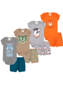 Kit 10 Peças de Roupas Infantil Bebê Menino Masculino 5 Body + 5 Tapa Fralda/Shorts