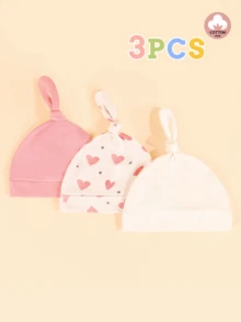 3pcs Baby Heart-Shaped Beanie, Soft Comfortable Cute, Suitable As Gift, Suitable For Newborn Boys And Girls Daily Use. - Multicolor - View 1
