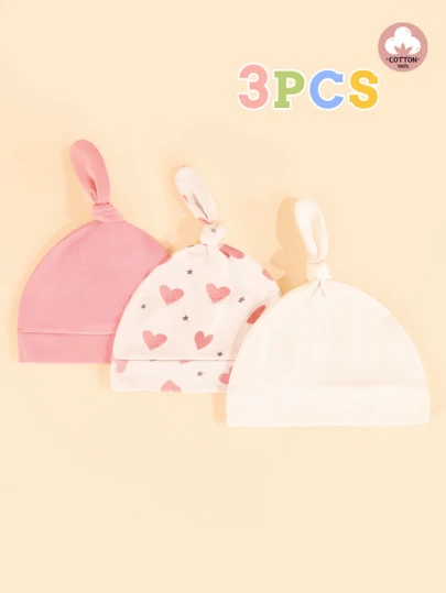 3pcs Baby Heart-Shaped Beanies, Soft & Comfortable, Cute Design, Suitable As Gifts, Suitable For Newborn Boys & Girls Daily Use