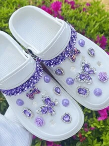 20 sztuk/zestaw fioletowych akcesoriów do dekoracji butów ogrodowych, w tym akrylowe cyrkonie, dekoracje motyli, łańcuszki, odpinane ozdoby odpowiednie do pustych butów sandałowych