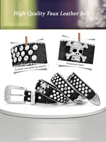 2025 Fashion European American Style Belt Luxury Studded Rhinestone Crystal Gothic Skull Metal Buckle Edgy Punk Birthday Gift Y2K Retro Dark Aesthetic Accessories ‌Structure Breakdown: Casual, Business, Boyfriend Husband Father Dad Men Gift, Daily Wear, Fashion, Teen, Outdoor, Vacation, Athletic, Travel, Street, Boho, Vintage Fall, Autumn, Halloween Autumn-Winter Accessories