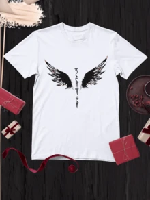 Estampado Camisetas De hombre Manga Corta De alas letras chinas verano cuello redondo Casual Negra Blanca Playeras De hombre con estampado de alas letras chinas